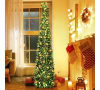 Árbol de Navidad Artificial y Plegable de 150 Cm, Arbol de Navidad Plegable con Una Guirnalda de Luces Cálidas de 5 Metros de Largo, Christmas Tree Verde, Navidad Decoración (E)
