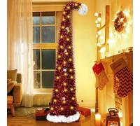 Árbol de Navidad Artificial y Plegable de 150 Cm, Arbol de Navidad Plegable con Una Guirnalda de Luces Cálidas de 5 Metros de Largo, Christmas Tree Rojo, Navidad Decoración (C)