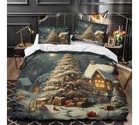 Árbol de Navidad Funda de Edredón Impresión 3D Juego de 3 Piezas Cremallera Oculta incluye Fundas de Almohada Lavables Escena de pueblo invernal Funda Edredon for Adolescentes Single（140x200cm）