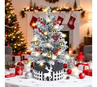 Árbol de Navidad Nevado de 60 cm con Luces, Árbol de Mesa con Nieve y Adornos Incluidos, Mini Árbol de Navidad con Nieva para Decoración Navideña de Hogar u Oficina, Incluye Falda