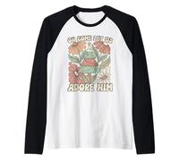 Árbol de Navidad Retro Oh Come Let Us Adore Him Floral Camiseta Manga Raglan