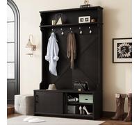 Árbol de pasillo con banco, almacenamiento de entrada 4 en 1 con perchero, puertas correderas y ganchos para zapatos y abrigos