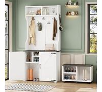 Árbol de pasillo con banco, almacenamiento de entrada 4 en 1 con perchero, puertas correderas y ganchos para zapatos y abrigos