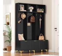 Árbol de pasillo con banco, almacenamiento de entrada 4 en 1 con perchero, puertas correderas y ganchos para zapatos y abrigos