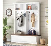 Árbol de pasillo con banco, almacenamiento de entrada 4 en 1 con perchero, puertas correderas y ganchos para zapatos y abrigos