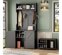 Árbol de pasillo con banco, solución de almacenamiento multifuncional para entrada con puertas correderas y 5 ganchos