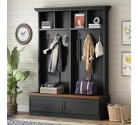 Árbol de pasillo con banco, solución de almacenamiento multifuncional para entrada con puertas correderas y 5 ganchos