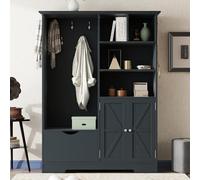 Árbol de pasillo con banco, solución de almacenamiento multifuncional para entrada con puertas correderas y 5 ganchos