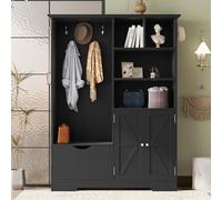 Árbol de pasillo con banco, solución de almacenamiento multifuncional para entrada con puertas correderas y 5 ganchos