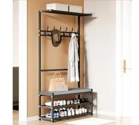 Árbol de pasillo industrial con ganchos extraíbles, zapatero y banco de 2 niveles, estante de almacenamiento de entrada, perchero de pie para sala de estar y pasillo