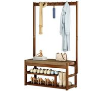 Árbol de pasillo resistente con banco, perchero con múltiples ganchos y zapatero, organizador de entrada de madera independiente para pasillo, fácil montaje