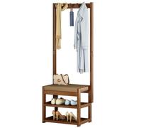 Árbol de pasillo resistente con banco, perchero de madera independiente con 5 ganchos y zapatero de 2 niveles con estante para un fácil montaje y ahorro de espacio