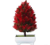 Árbol de pino artificial, planta bonsái de seda realista en maceta, decoración de plástico para el hogar, oficina, vacaciones, 22 x 14 cm, varios colores, estante de escritorio (rojo)