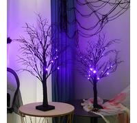 Árbol de Ramitas Negras Preiluminado Para Halloween, con 24 Luces Led Violetas, Lámpara de Ramitas, Decoración de Mesa, Árbol Fantasmal de Halloween, con Temporizador, Para Uso Doméstico 2pc