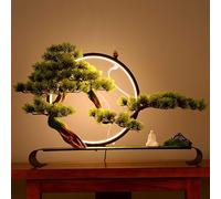 Árbol de Zen Bonsai con anillo de lámpara led, planta de pino de imitación realista para la decoración del escritorio, soporte de incienso de reflujo, no mantenimiento de vegetación artificial para el