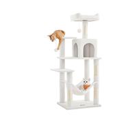 Feandrea Árbol para Gatos, Altura 143 cm, Torre de Gatos, con 4 Postes Rascadores, 2 Plataformas, 1 Cueva, 1 Hamaca, 2 Pompones, Tela de Felpa, Multinivel, Blanco Crema PCT161T01