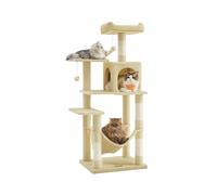 Feandrea Árbol para Gatos, Altura 143 cm, Torre de Gatos, con 4 Postes Rascadores, 2 Plataformas, 1 Cueva, 1 Hamaca, 2 Pompones, Tela de Felpa, Multinivel, Beige PCT161M01