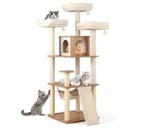 Árbol para gatos con condominio y hamaca 58 x 58 x 168 cm para 2-3 gatos ambiente acogedor de madera natural y blanco 20_0017015