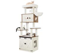 Árbol para Gatos con Gabinete para Arena, Estación de Alimentación, 173 cm , con Plataforma Grande, Cuerda de Sisal, Hamaca, Cojín Lavable, Pelotas de Peluche, y Marrón
