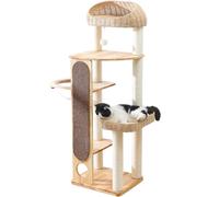 Árbol para gatos de 59 pulgadas, torre para gatos con poste rascador, alfombrilla extendida para rascar gatos, cesta tejida a mano y nido de cápsula espacial