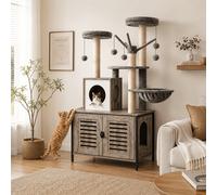 Árbol para gatos integrado de 132 cm con recinto para arenero, grande de varios niveles, casita oculta, postes rascadores de sisal y reposadera de techo de capa, ideal para gatos de interior