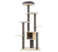 Árbol para gatos multinivel, 197 x 68 x 58 cm, con condominio acolchado y postes rascadores de estilo moderno, madera aglomerada, color gris 20_0017635