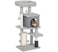 Árbol para gatos PawHut, torre de juegos para gatos, altura en cm, con poste rascador, alfombra, cama, casa, plataformas, cepillo para el cuidado del pelo, pelotas de juego, gris claro