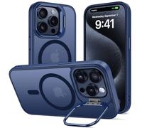 ÁRBOLORO Funda para iPhone 15 Pro con Soporte, Compatible MagSafe, Carcasa con Soporte de Cámara Ajustable Incorporado, Magnética Grado Militar Antigolpes Case, Translúcida Mate Azul