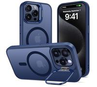 ÁRBOLORO Funda para iPhone 15 Pro MAX con Soporte, Compatible MagSafe, Carcasa con Soporte de Cámara Ajustable Incorporado, Magnética Grado Militar Antigolpes Case, Translúcida Mate Azul