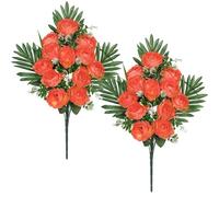 Arborus 2 flores artificiales de cementerio de 21.6 pulgadas, ramo de camelia de seda para tumbas y decoraciones conmemorativas, tallos naranjas de primavera para decoración de jarrón del hogar
