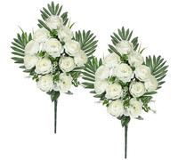 Arborus 2 flores artificiales de cementerio para tumbas de 21.6 pulgadas, ramo de flores de camelia blanca falsas, flores de seda conmemorativas para decoración de tumbas, flores artificiales de