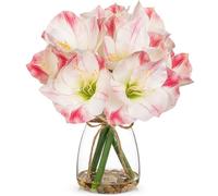 Arborus Flores artificiales en jarrón de 11.8 pulgadas, flores de amarilis artificiales rosas con jarrón de cristal, agua sintética, guijarros de tacto real, flor de primavera para el hogar, baño,