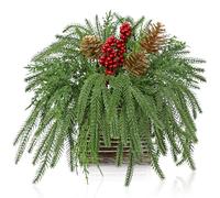 Arborus Pino artificial de Norfolk en caja de madera de 10.2 pulgadas, decoración de centro de mesa de Navidad, planta de Navidad artificial con piñas de pino, bayas rojas y vegetación para centro de