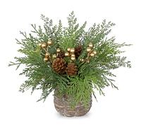 Arborus Planta de Navidad de cedro artificial en maceta tejida de 12.9 pulgadas, decoración rústica de centro de mesa de Navidad, plantas de Navidad con conos de pino y bayas doradas para centro de