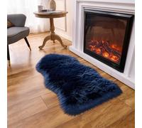 Arbosofe Alfombra de piel sintética de oveja azul oscuro para dormitorio, alfombra de pelo pequeño y mullido, alfombra peluda para sala de estar, 2 x 4 pies