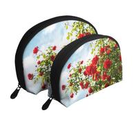 Arbusto de Rosas Rojas Estampado, Bolsa de Maquillaje de Concha, Monedero pequeño para Mujer, Bolsa de artículos de tocador, Bolsa de cosméticos, 2 Piezas