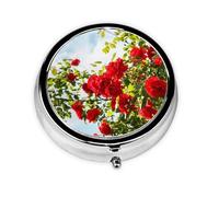 Arbusto de rosas rojas estampado, Pastillero, Pastillero redondo Pequeño contenedor de pastillas Organizador de pastillas de viaje