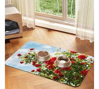 Arbusto de Rosas Rojas Impreso,Tapete para Comida de Mascotas, manteles Individuales de Cuero sintético para Gatos y Perros,40x60cm