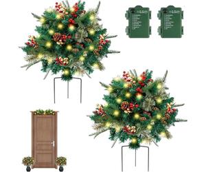 Arbustos para macetas preiluminados para Navidad, Rellenos para macetas para Navidad, Rellenos para macetas navideñas con Luces, Decoraciones navideñas para macetas de Exterior,2PCS