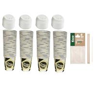 ARBUTUS 96 Vasos con tapa desechables de cartón para café de 120cc,200cc,250cc, incluido 100 paletinas de madera 14cm. (48, 200ml)