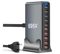 ARCELI Cargador USB C de 695 W, 10 puertos, estación de carga GaN III, cargador USB c con 5 x USB-C PD + 5 x USB-A QC4.0, cargador rápido para teléfono 16/15/14 Pro Max, Samsung Galaxy, MacBook, Pad