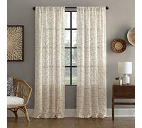 Archaeo Cortina de Mezcla de Lino Natural Moderna de Mediados de Siglo con Bordado geométrico fragmentado, 50 x 63 Pulgadas, Dorado/Lino