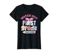 Arco de Coqueta Regreso a la Escuela Cuidado 1er Grado Aquí vengo Camiseta gráfica económica, Mujer, Negro, XL