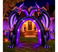 Arco de dragón inflable de Halloween de 10 pies, decoración de doble cabeza | Entrada gigante, ojos rojos brillantes, luces LED integradas, tela impermeable, configuración rápida