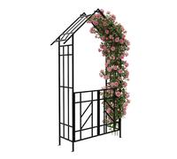 Arco de rosas, enrejado, techo a dos aguas, puerta doble, metal negro