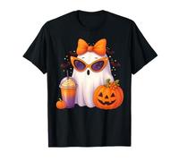 Arco Espeluznante Lindo Fantasma Bebiendo Calabaza café Helado Halloween Camiseta