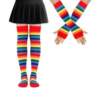 Arcoiris a rayas Calcetines Altos Mujer y Guantes Sin Dedos Juego, Calcetines Hasta la Rodilla LGBT para Mujeres y Niñas (Poliéster, arcoiris rojo)