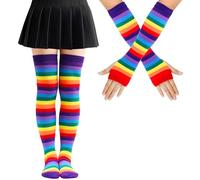 Arcoiris a rayas Calcetines Altos Mujer y Guantes Sin Dedos Juego, Calcetines Hasta la Rodilla LGBT para Mujeres y Niñas (Poliéster, arcoiris morado)