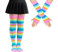 Arcoiris a rayas Calcetines Altos Mujer y Guantes Sin Dedos Juego, Calcetines Hasta la Rodilla LGBT para Mujeres y Niñas (Poliéster, arcoiris rosa)