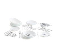 Arcopal Vajilla Zelie de vidrio opal, 42 piezas con cubertería | Blanco, incluye 18 platos de vidrio opal y 24 cubiertos de acero inoxidable, apta para microondas
